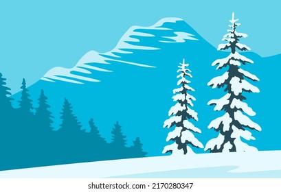 Bosque nevado de invierno. Se comió en la nieve. Hermoso paisaje montañoso. Fondo natural con cielo azul. Ilustración de dibujos animados