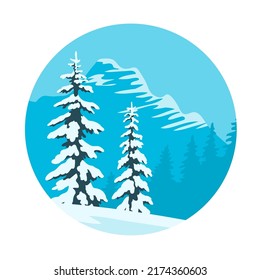 Winter snowy forest. Ate in the snow. Beautiful mountain landscape. Nature background with blue sky. Vector cartoon illustration