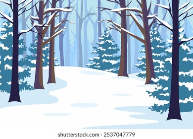 Winter snowy forest. Beautiful landscape of winter mixed forest with trees and firs. Path in Christmas forest. Vector illustration of Christmas nature.
