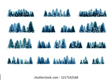 Winter snowy forest. Christmas tree decoration or design  elemets. Horizontal dividers and borders collection.