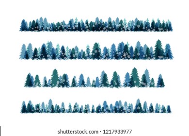Winter snowy forest. Christmas tree decoration or design  elemets. Horizontal borders collection.