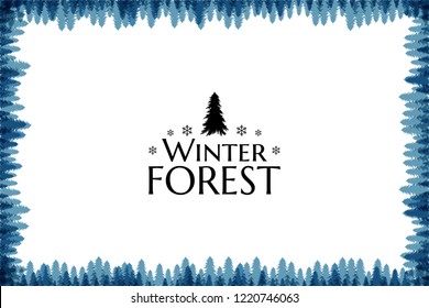 Winter snowy forest. Christmas tree decoration or design  elemets. Holiday banner with frame from fir tree