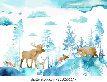 Winter snowy forest. Different animals in the forest abstract. hand drawing. Not AI, Vector illustration.