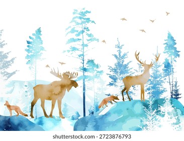 Winter snowy forest. Different animals in the forest abstract. hand drawing. Not AI, Vector illustration.