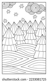 Winter snowy forest of firs and pines, swirling clouds and falling snow. Beautiful black and white styling. Suitable for coloring pages for adults and children, postcards, holiday invitations or other