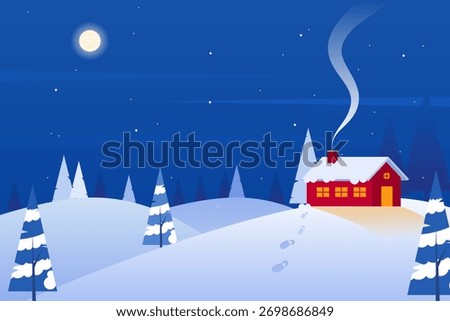 Winter snowy forest landscape featuring a cozy red house under a dark night sky with a full moon and twinkling stars, complete with footprints in the snow. Vector illustration.
