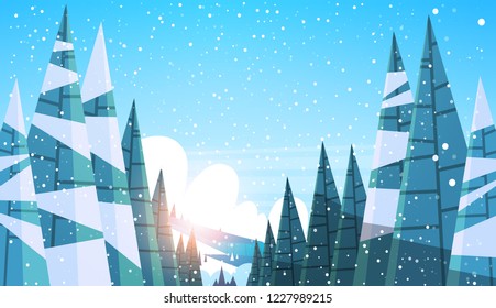 winter snowy forest pine fir tree woods sunset landscape background flat horizontal vector illustration