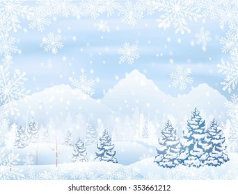 winter snowy forest scenery with mountain on horizon, snowflakes frame , vector illustration