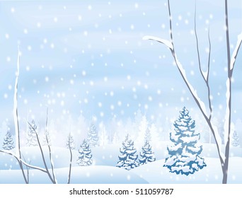 winter snowy forest scenery,  vector illustration