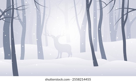 winter snowy forest with tree silhouettes and deer