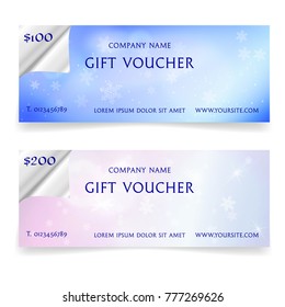 Winter snowy gift voucher template with realistic torn paper borders, snowflakes and lights effects. Vector illustration for web headers or advertising, coupon, ticket or disclunt card