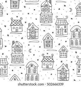 Winter snowy houses seamless pattern. Christmas gift wrap. Black and white background. Monochrome vector illustration.