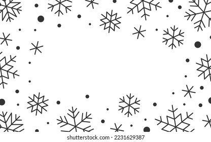 Winter snowy icy border. Snowflake frame with copy space. Falling frosty snow flakes confetti on white for Xmas card, christmas banner flyer, new year party event invitation, gift certificate voucher