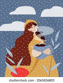 Winter snowy illustration with girl  on warm sweater and hat, long brown hair outdoor with cup of hot tea or coffee look at the snowy sky around plants.