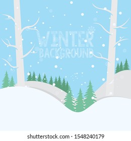 Winter snowy landscape background. Flat winter vector landscape with silhouettes of trees, hills and mountains