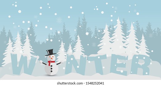 Winter snowy landscape background. Flat winter vector landscape with silhouettes of trees, hills and mountains
