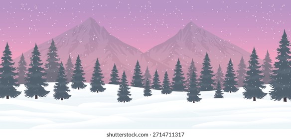 Winter Schneebedeckte Landschaft Hintergrund Berge Waldkiefer Bäume Lila Himmel Vektor.