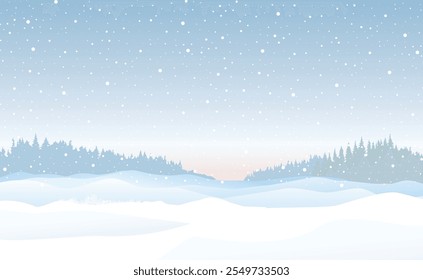 Winter snowy landscape. Christmas background.  Winter nature holiday snowfall  snowdrifts skyline view.