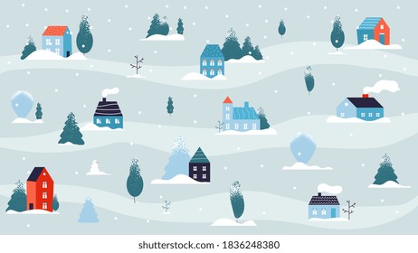 Winter snowy landscape. Christmas house minimal background, country or cute village in forest. Flat street cold weather and snow