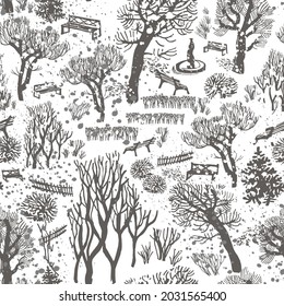 Winter snowy landscape in city park with bare trees in park on white. Contrast black and white seamless pattern. Modern doodle illustration for baby design, fabric, wallpaper, Christmas packaging.