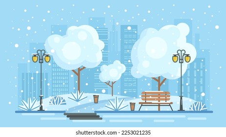 Winter snowy landscape of city vector illustration. Cartoon blue cityscape with snow and ice on street and trees of park, bench and lantern on urban road, snowflakes falling on buildings of town