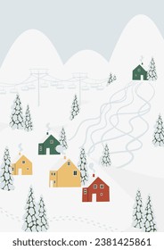 Winter snowy landscape clipart, scene background vector illustration, forest scenery wall art print, mountain village printable poster, winter season digital download card, house flat style images.