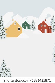 Winter snowy landscape clipart, scene background vector illustration, forest scenery wall art print, mountain village printable poster, winter season digital download card, house flat style images.