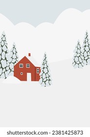 Clipart de paisaje de nieve invernal, ilustración del vector de fondo de la escena, pintura mural de paisaje forestal, afiche imprimible de pueblo de montaña, tarjeta de descarga digital de temporada de invierno, imágenes de estilo plano de casa.