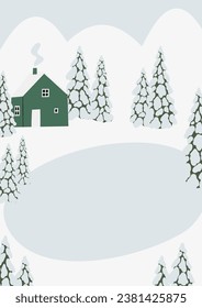 Clipart de paisaje de nieve invernal, ilustración del vector de fondo de la escena, pintura mural de paisaje forestal, afiche imprimible de pueblo de montaña, tarjeta de descarga digital de temporada de invierno, imágenes de estilo plano de casa.