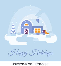Winter snowy landscape with country house. Happy holidays text. Flat cartoon style vector illustration. Christmas card with forest winter houses on countryside background.