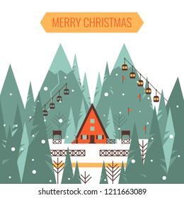 Winter snowy landscape with country house. Merry Christmas text. Flat cartoon style vector illustration. Christmas card with forest winter houses, mountains, ski track, lift on countryside background.