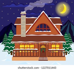 Winter snowy landscape. Country house with garlands. Snowflakes and christmas trees. Flat cartoon style vector illustration.