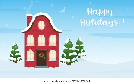 Winter snowy landscape with country house. Happy holidays. Flat cartoon style vector illustration.