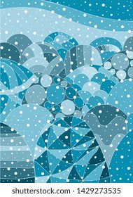 Winter snowy landscape with different hills. Snowfall. Drawing in blue colors.