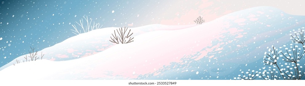 Winter snowy landscape empty background, branches and bushes covered with snow. Christmas or New Years nature wallpaper, snowdrift scenery. Illustrated winter scene, hand drawn vector graphics.