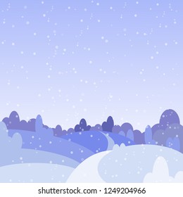 Winter snowy landscape with field and forest. Countryside winter background. Flat cartoon style design.1