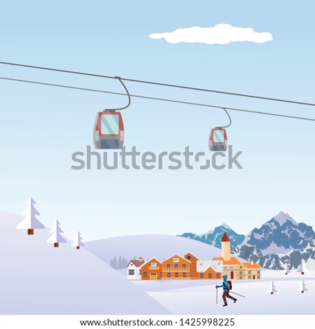 Winter snowy landscape Flat Style Beautiful Landscape Illustration, with Little Town 