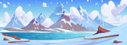 Winter Snowy Landscape With Frozen Lake Near Rocky Mountains Foot Under Blue Sky With Clouds. Cartoon Vector Panoramic Peaceful Cold Scenery With Pond And Shore Covered With Snow Near High Hills.