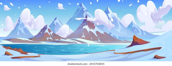 Winter snowy landscape with frozen lake near rocky mountains foot under blue sky with clouds. Cartoon vector panoramic peaceful cold scenery with pond and shore covered with snow near high hills.