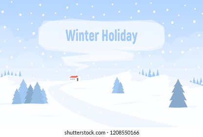 Winter snowy landscape with hills. House with red roof and smoke from the chimney for text. Winter holiday. Vector illustration in flat style.