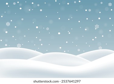 Winter snowy landscape. Hills with snowdrifts. Blue sky and snowfall. Invitation design. Vector empty background for design.