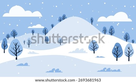Winter snowy landscape with hills and trees. Winter flat landscape. Vector illustration of a winter daytime landscape with trees, mountains, and hills.