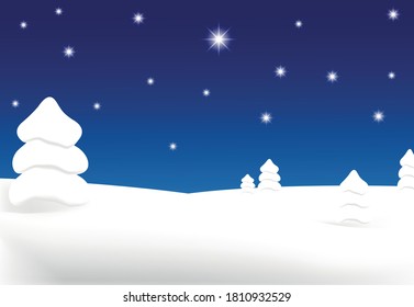 Winter snowy landscape. Holy night in a secluded landscape covered with snow. Snow-covered trees with shining stars in the dark blue sky.