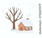 Winter snowy landscape with house and tree covered by snow. Winter snow house clipart. Winter element clipart. Hello winter vector. Flat vector in cartoon style isolated on white background.