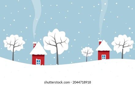 Winter snowy landscape, houses in the mountains with smoke from the fireplace, christmas background with fir trees. vector illustration of falling snow on forest. Card and greeting