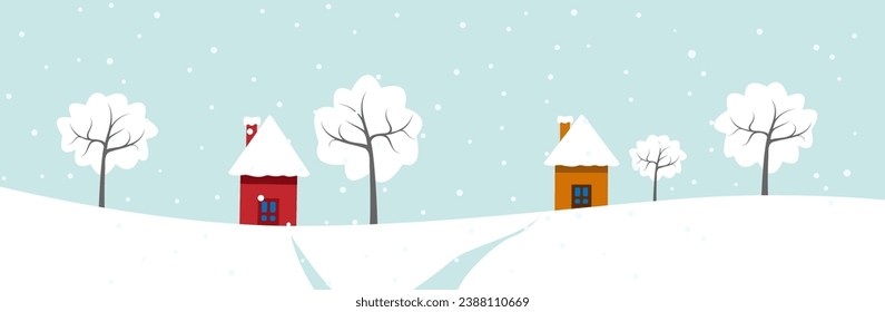Winter snowy landscape, houses in the mountains, christmas background with fir trees. vector illustration of falling snow. Banner and header