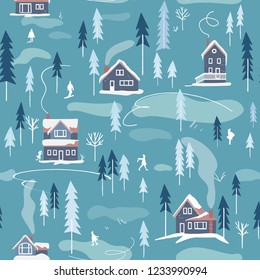  Winter snowy landscape with houses, trees and people. Vector seamless pattern. Endless background