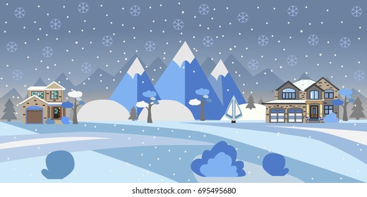 Winter Snowy Landscape with houses, trees and mountains. Suburban Buildings in Winter Landscape. Flat Vector Illustration. Detailed House Design