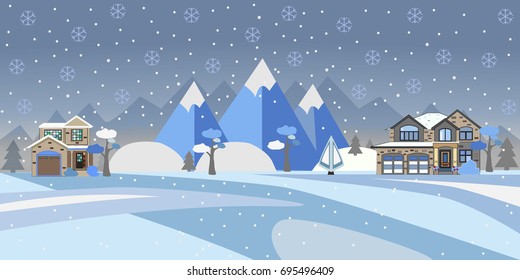 Winter Snowy Landscape with houses, trees and mountains. Suburban Buildings in Winter Landscape. Flat Vector Illustration. Detailed House Design. Modern Countryside with beautiful rich houses