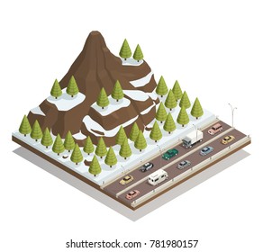 Winter snowy landscape isometric composition with rocky mountains fir-trees and busy motorway road beneath vector illustration 